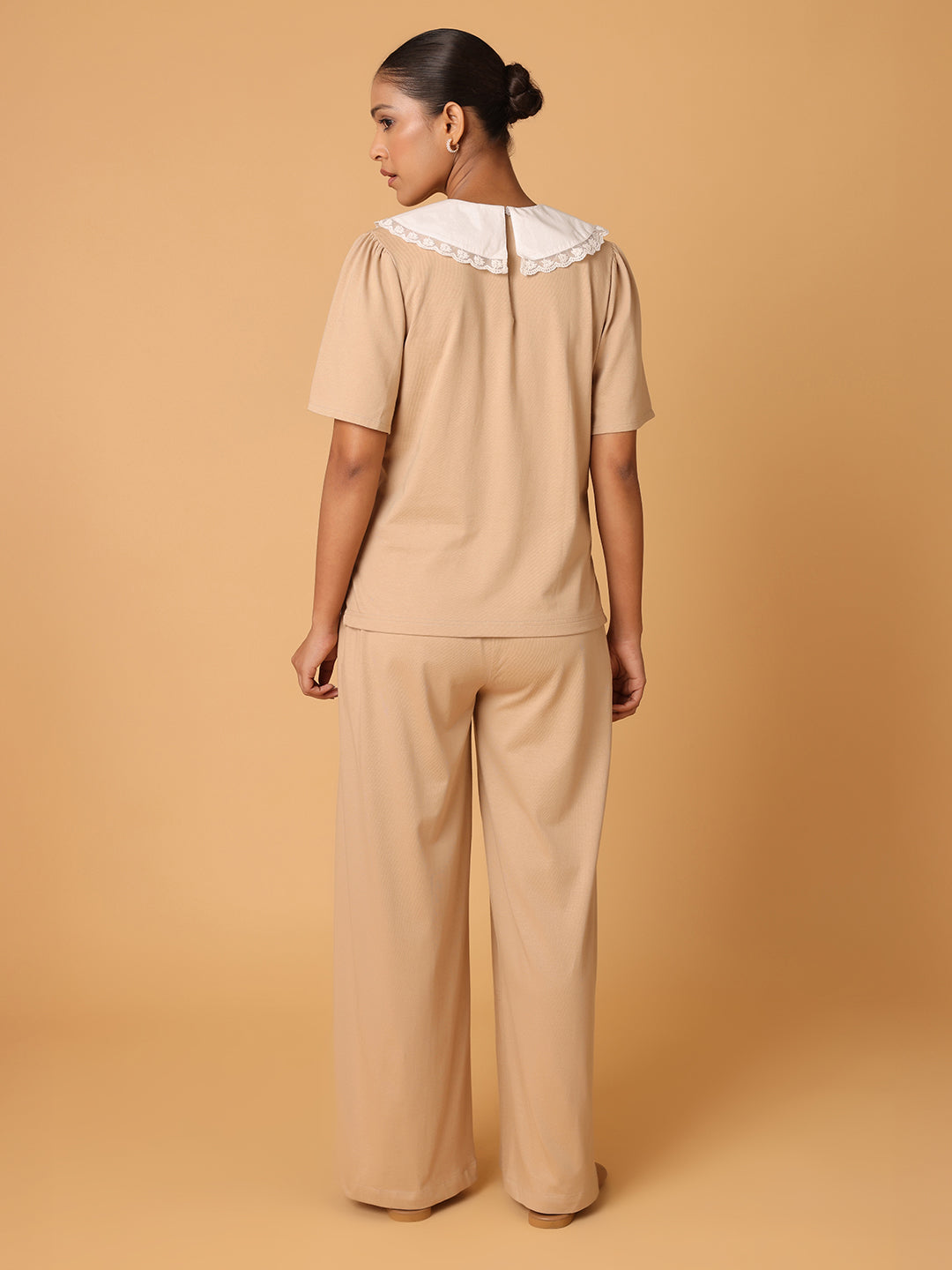 Beige Contrast Collared T-shirt with Lower