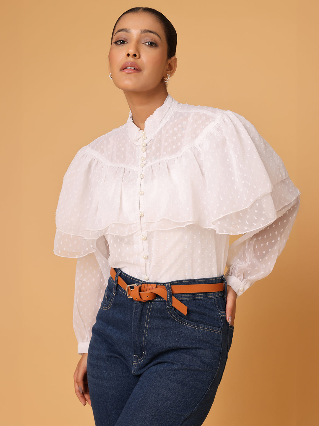 White Vintage Frill High Neck Top