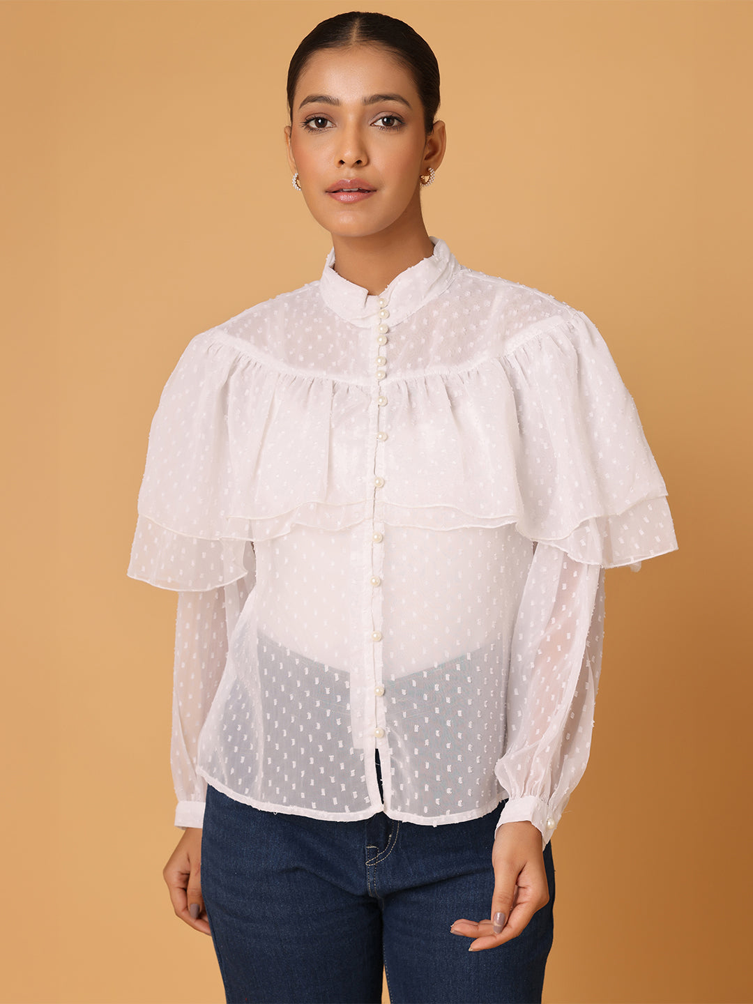 White Vintage Frill High Neck Top