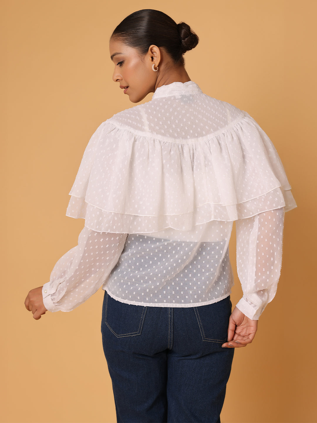 White Vintage Frill High Neck Top