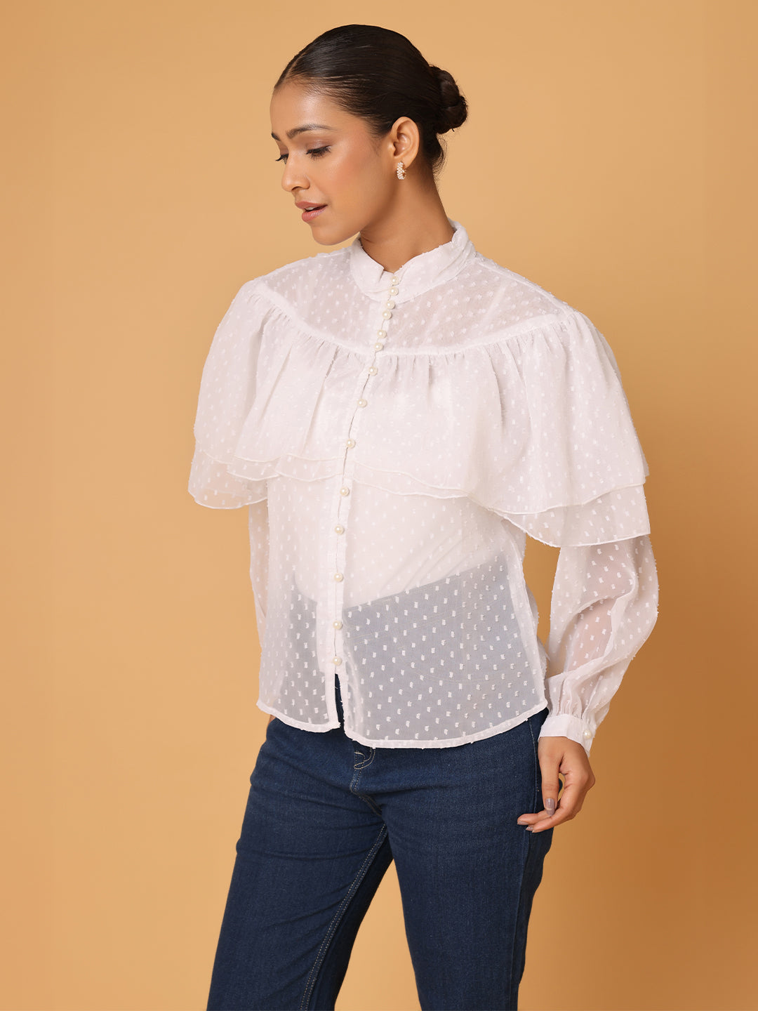 White Vintage Frill High Neck Top