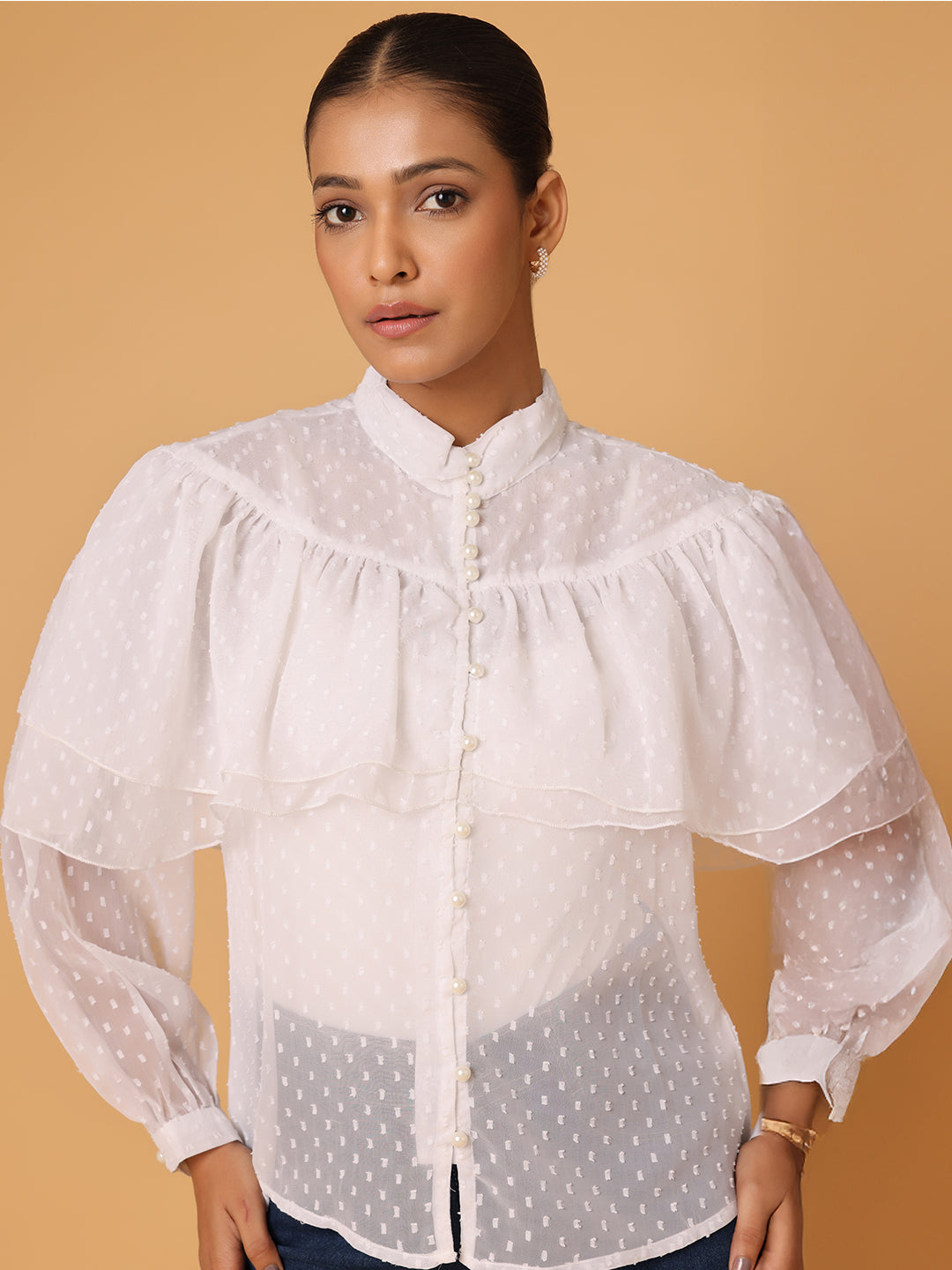 White Vintage Frill High Neck Top