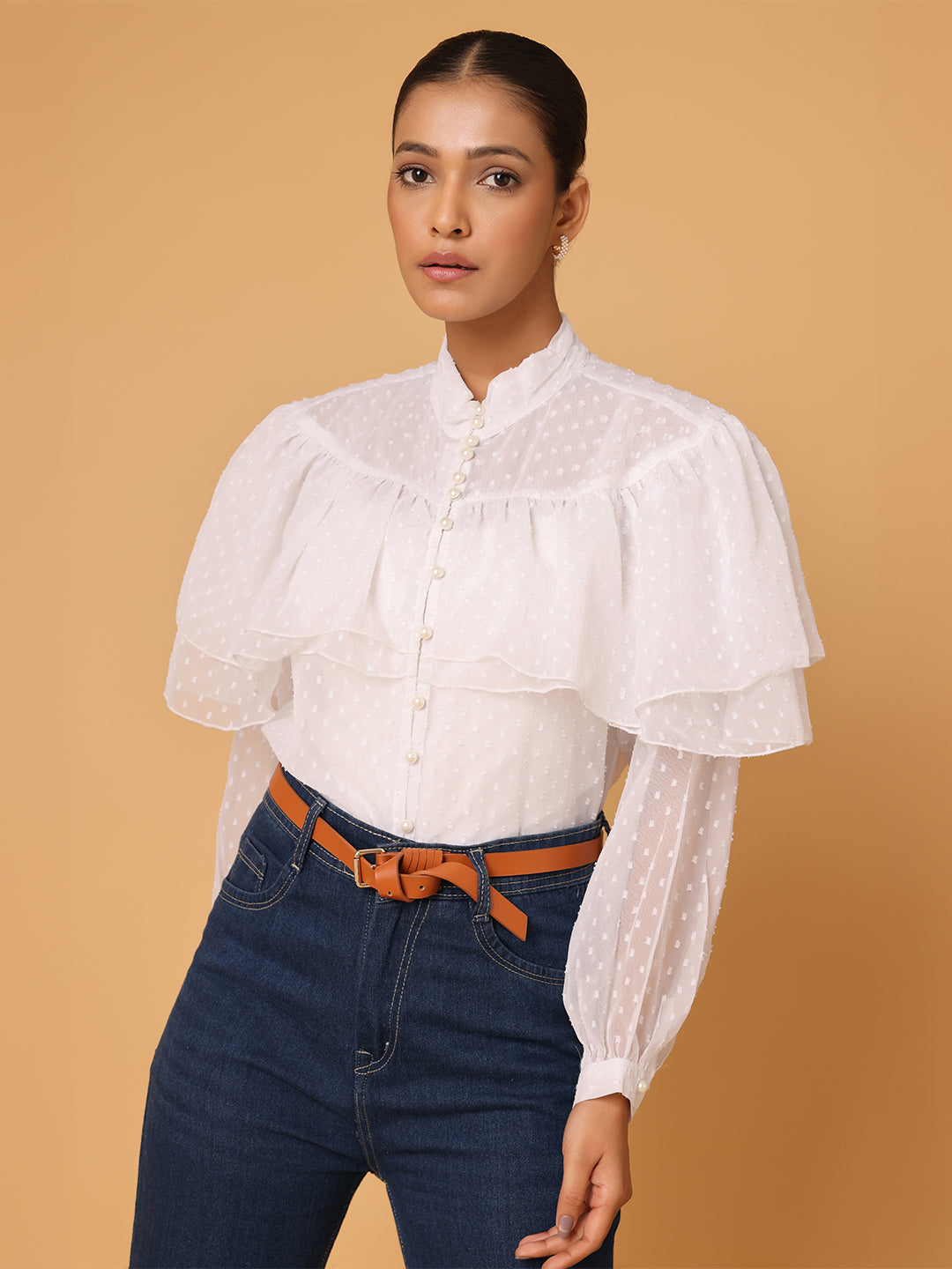 White Vintage Frill High Neck Top