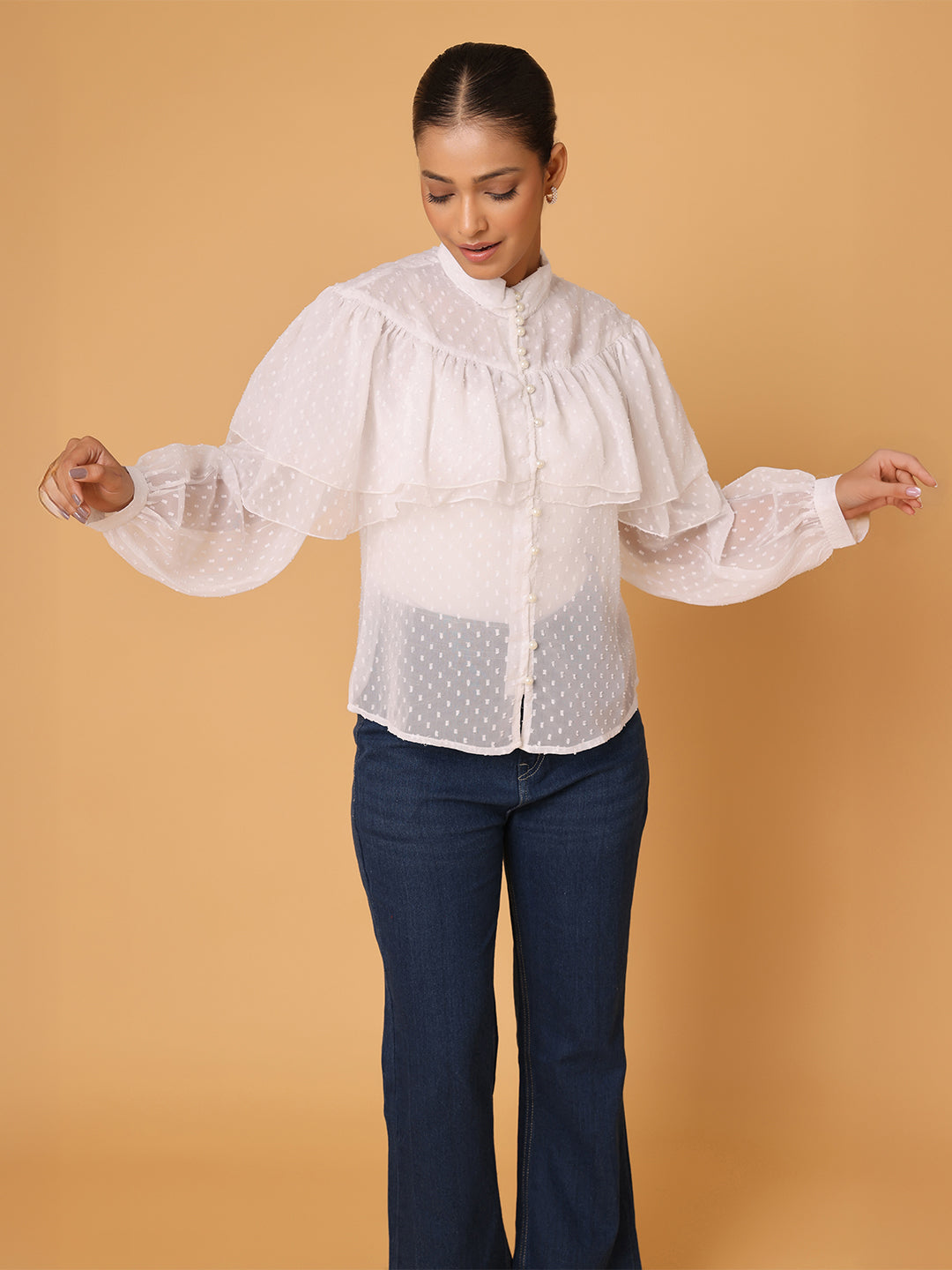 White Vintage Frill High Neck Top