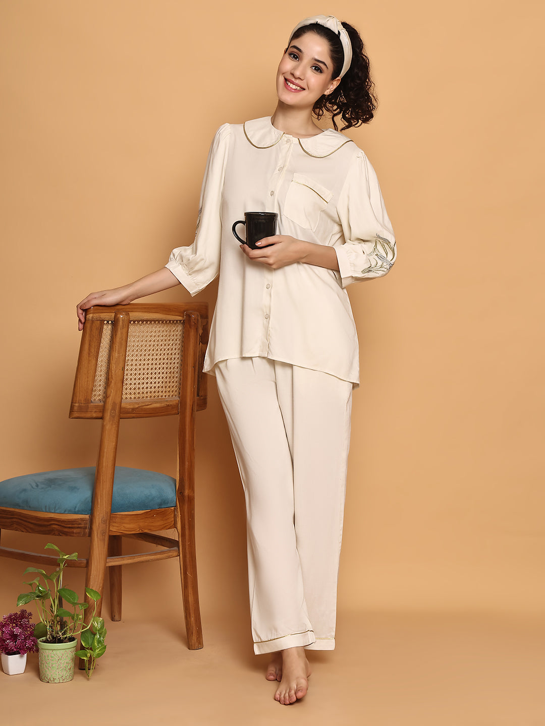 White Nightwear With Gold-Silver Floral Embroidery
