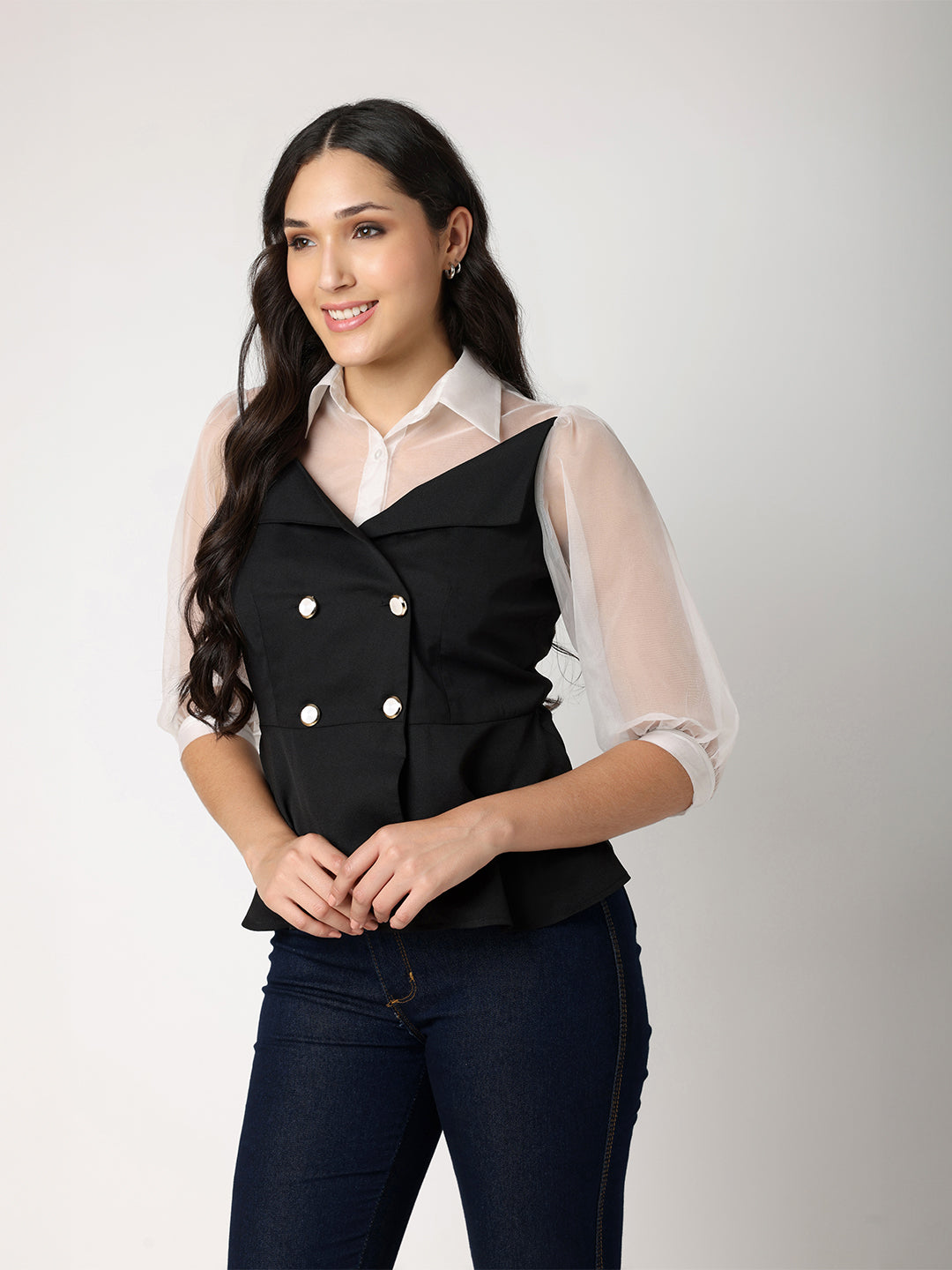 White and Black Top with Organza Collar and Sleeves Detail