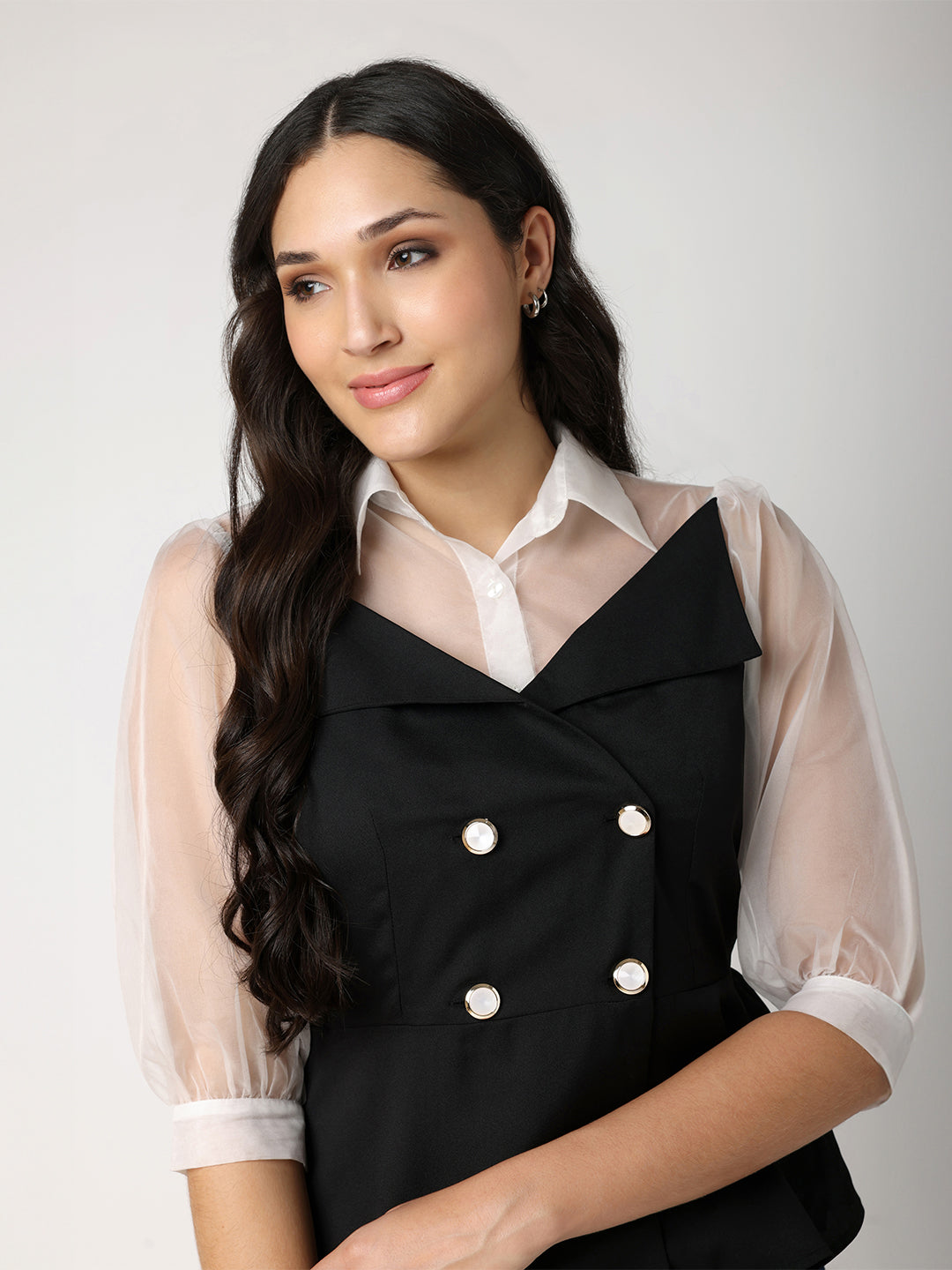White and Black Top with Organza Collar and Sleeves Detail
