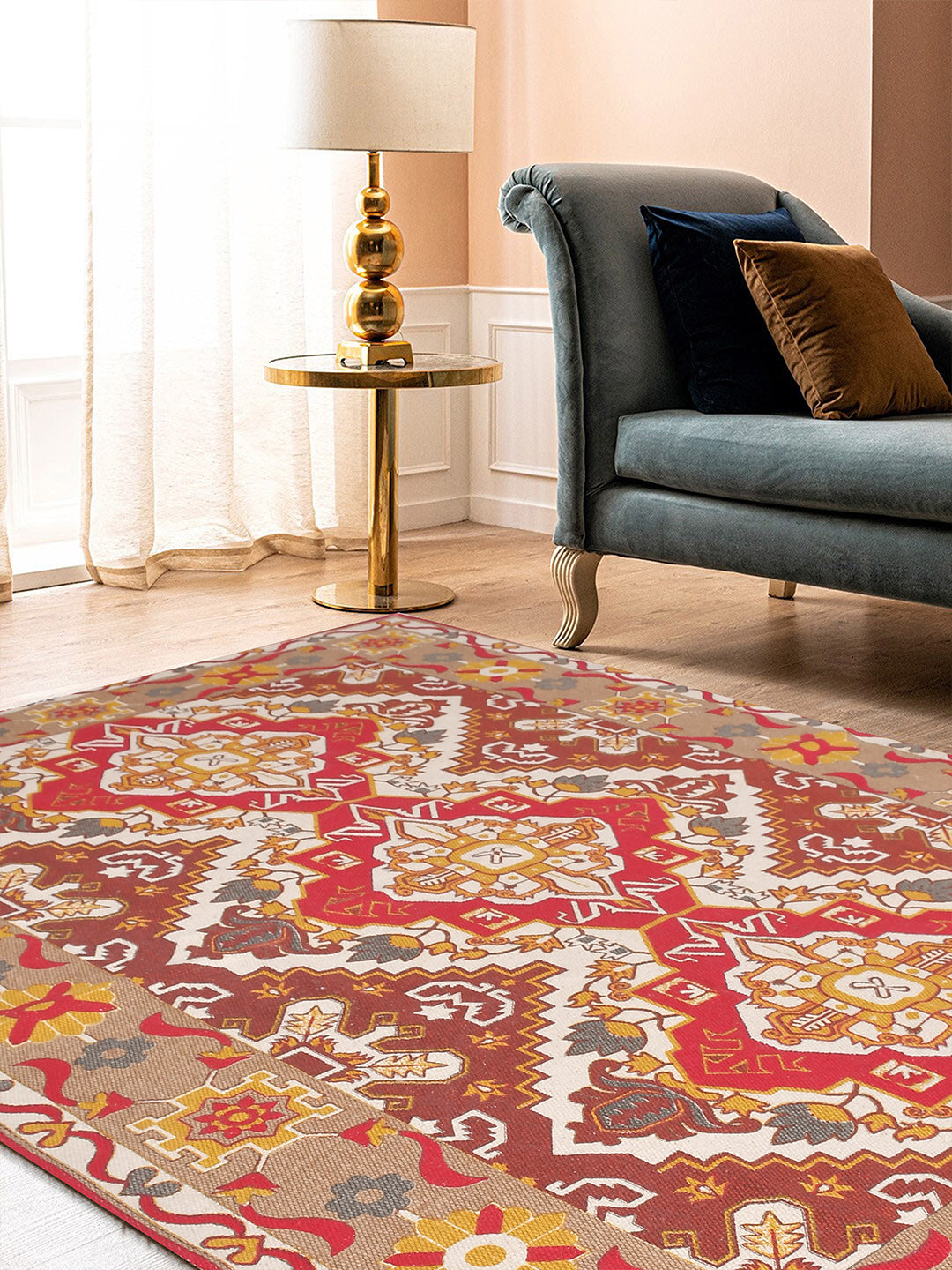 Blanc9 Udaipur Rusty Red Printed 4'x5.5' Cotton Carpet