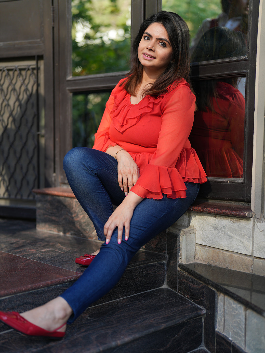 Red Peplum Top With Frill At Neckline