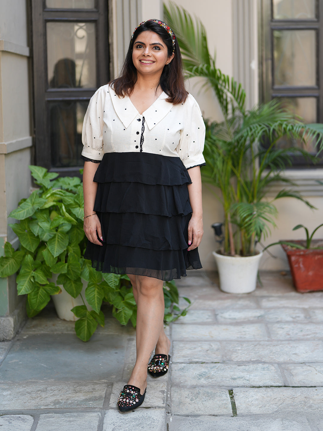 Cream & Black Polka Tiered Dress