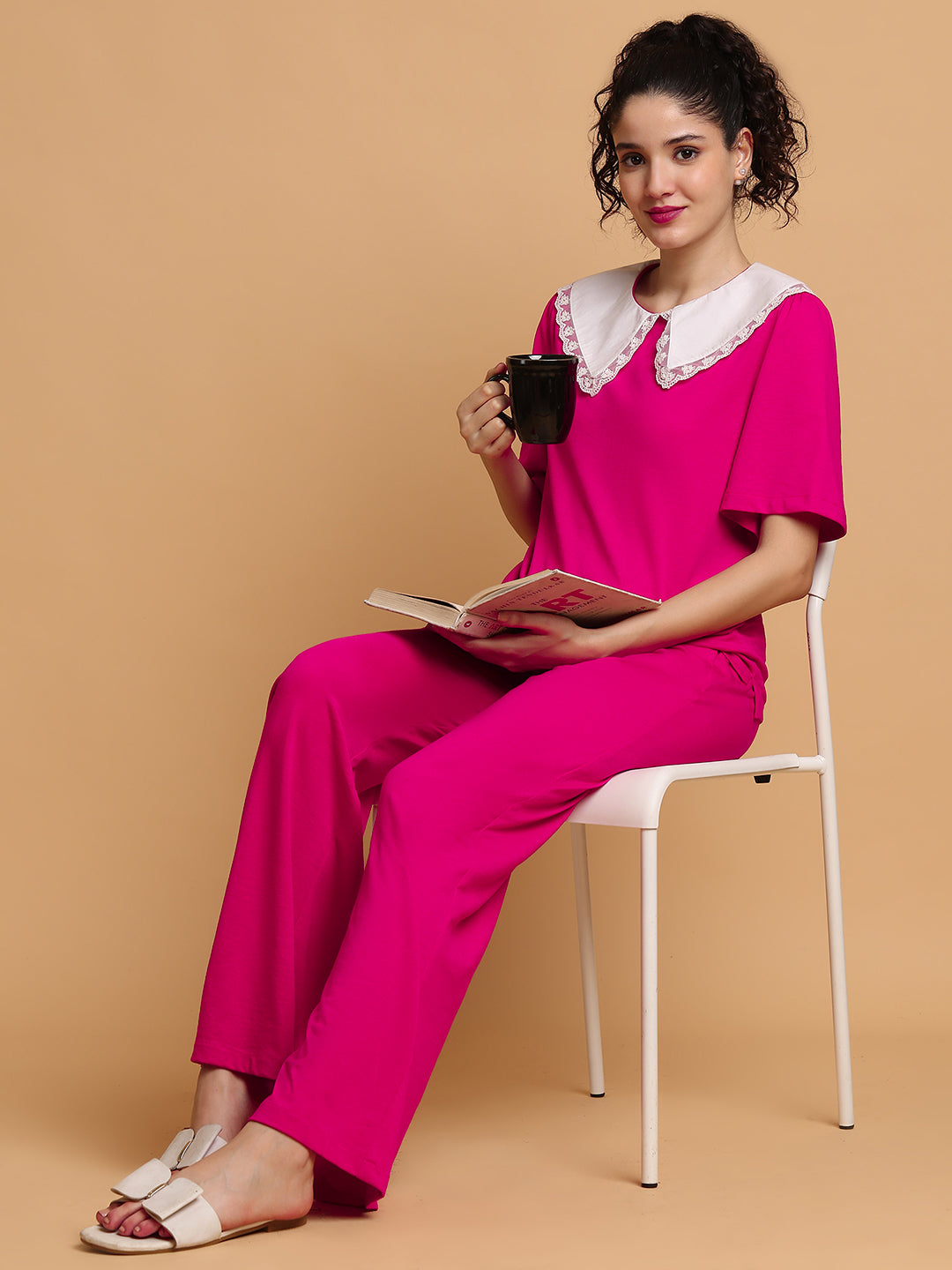 Pink Contrast Collared T-shirt with Lower