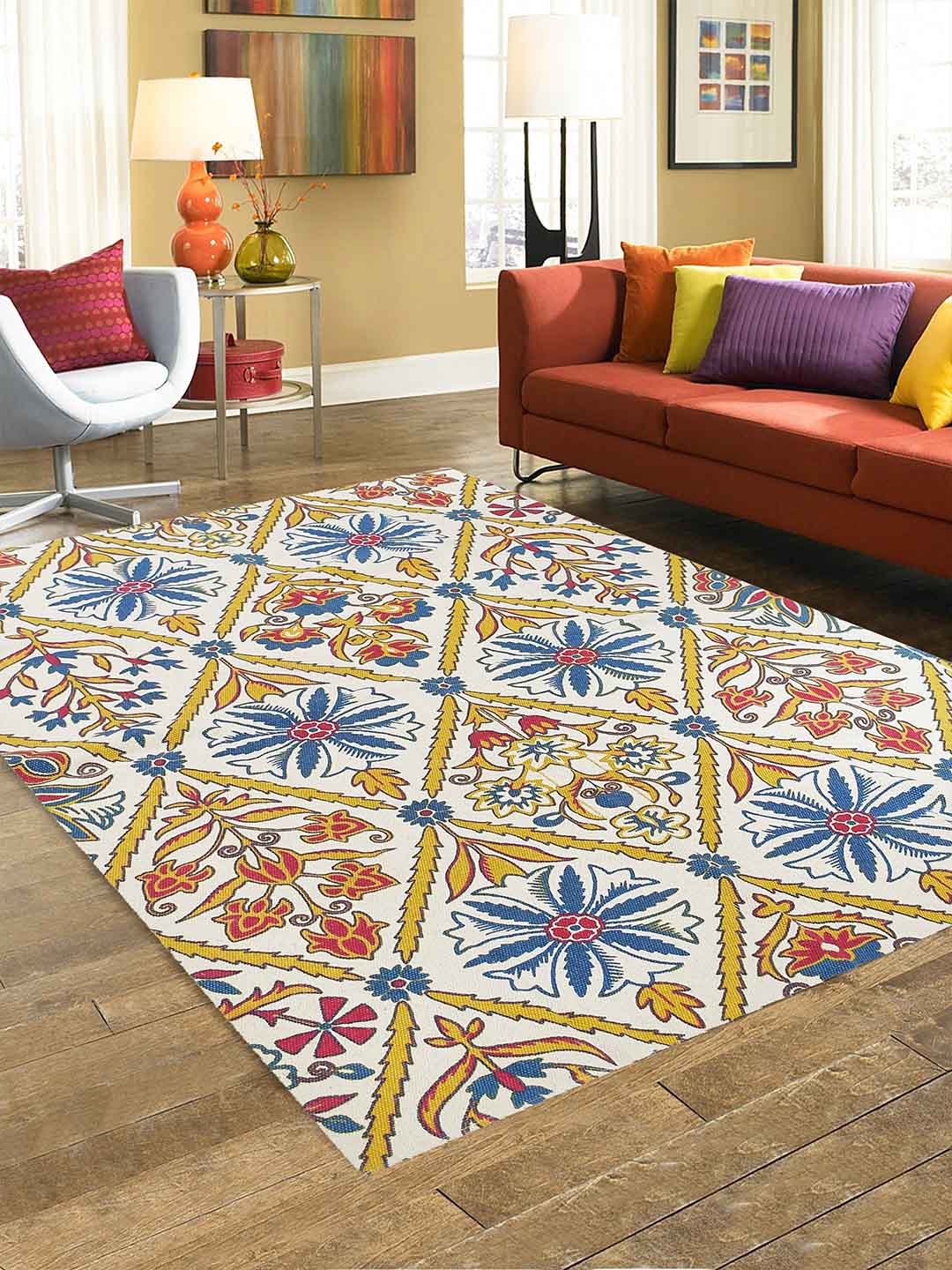 Blanc9 Mewar Yellow 4'x5.5' Printed Cotton Carpet