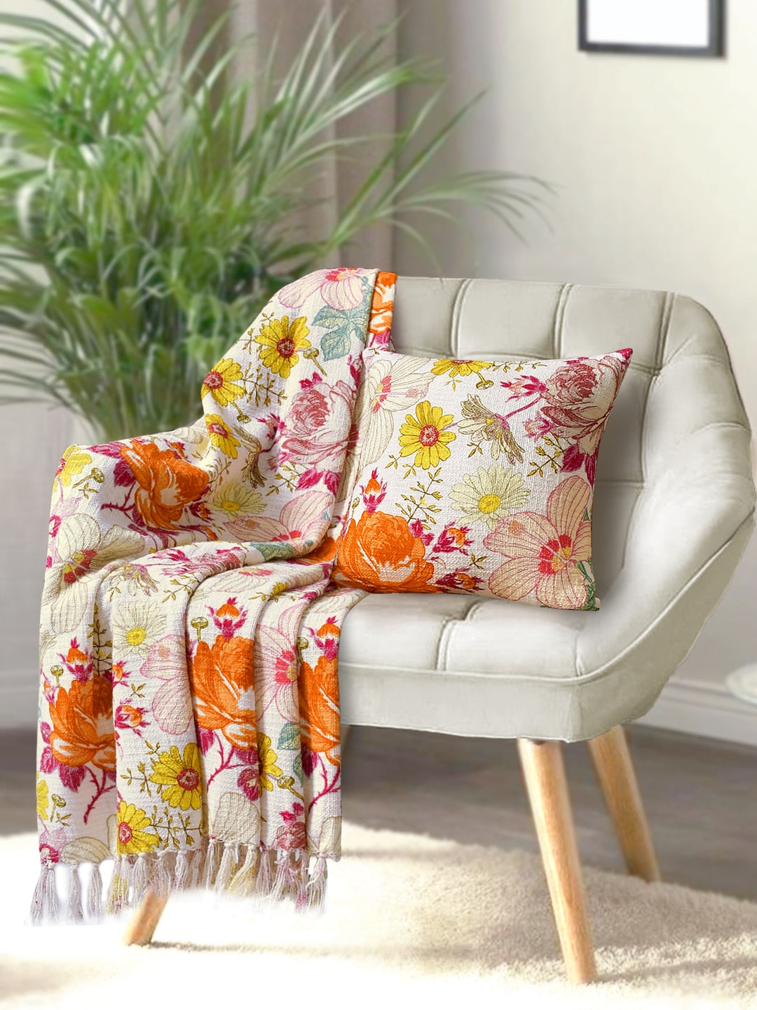 Blanc9 Floral Garden Cotton Printed Throw with Cushion Cover