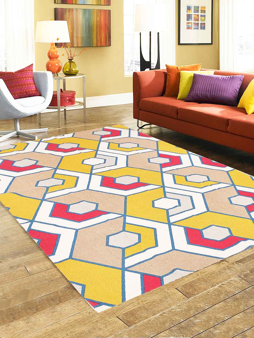 Blanc9 Honeycomb Yellow 4'x5.5' Printed Cotton Carpet