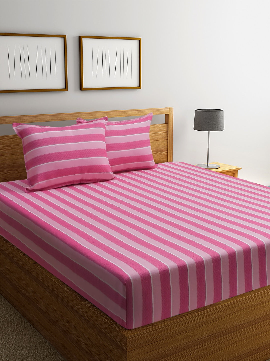 Blanc9 Fuchsin lane Jacquard Pink Cotton Double Bedsheet with Pillows