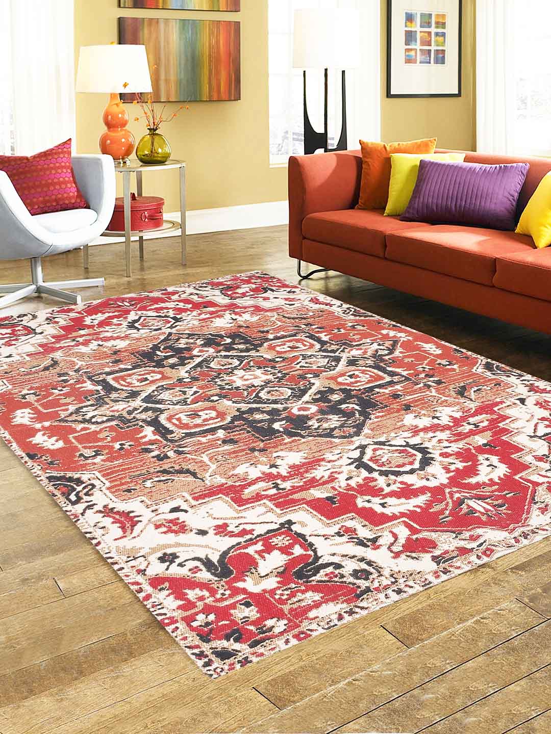 Blanc9 Jodhpur Rusty Red 4'x5.5' Printed Cotton Carpet
