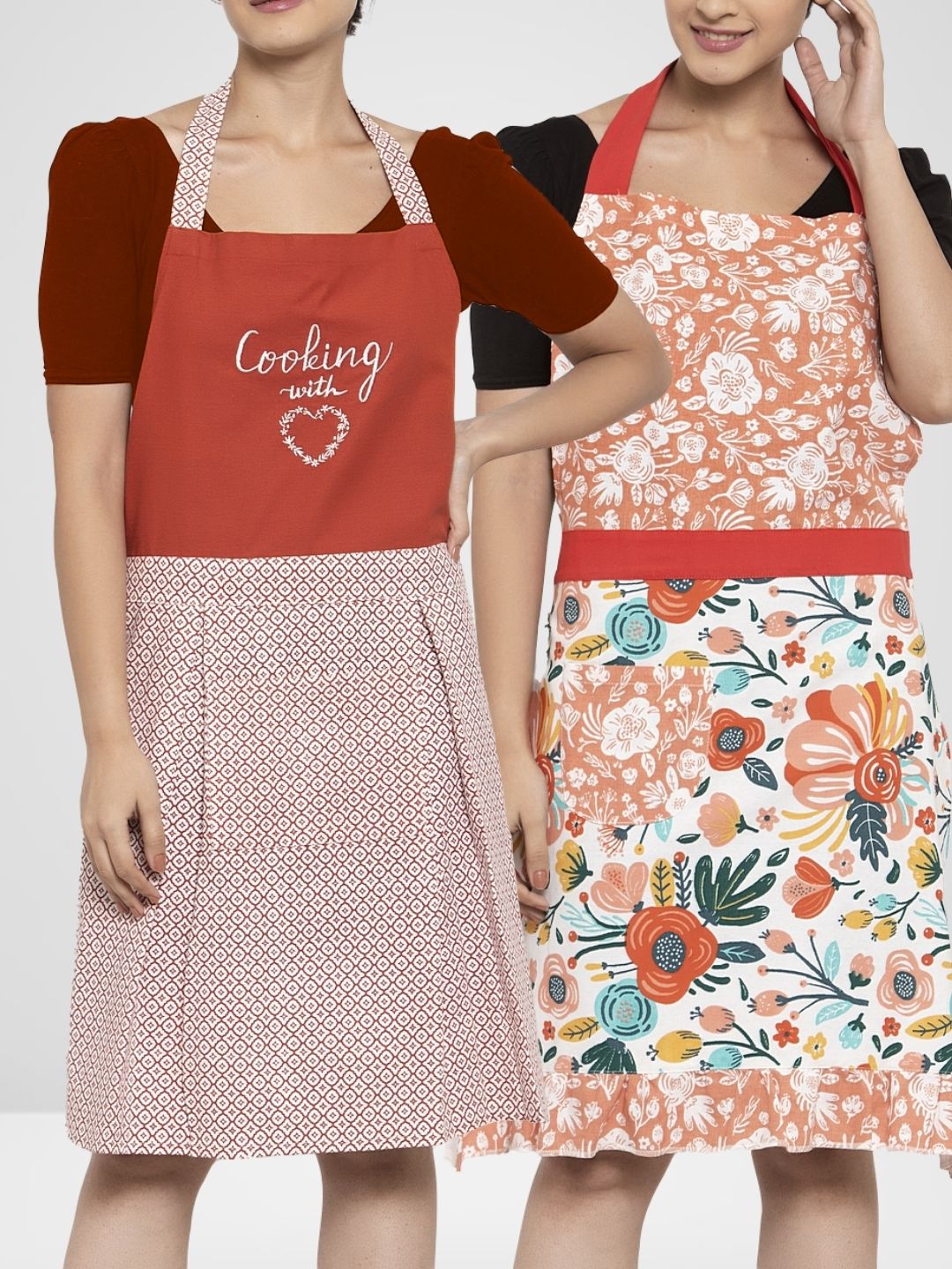 Blanc9 Set of 2 Red Printed & Embroidered Aprons