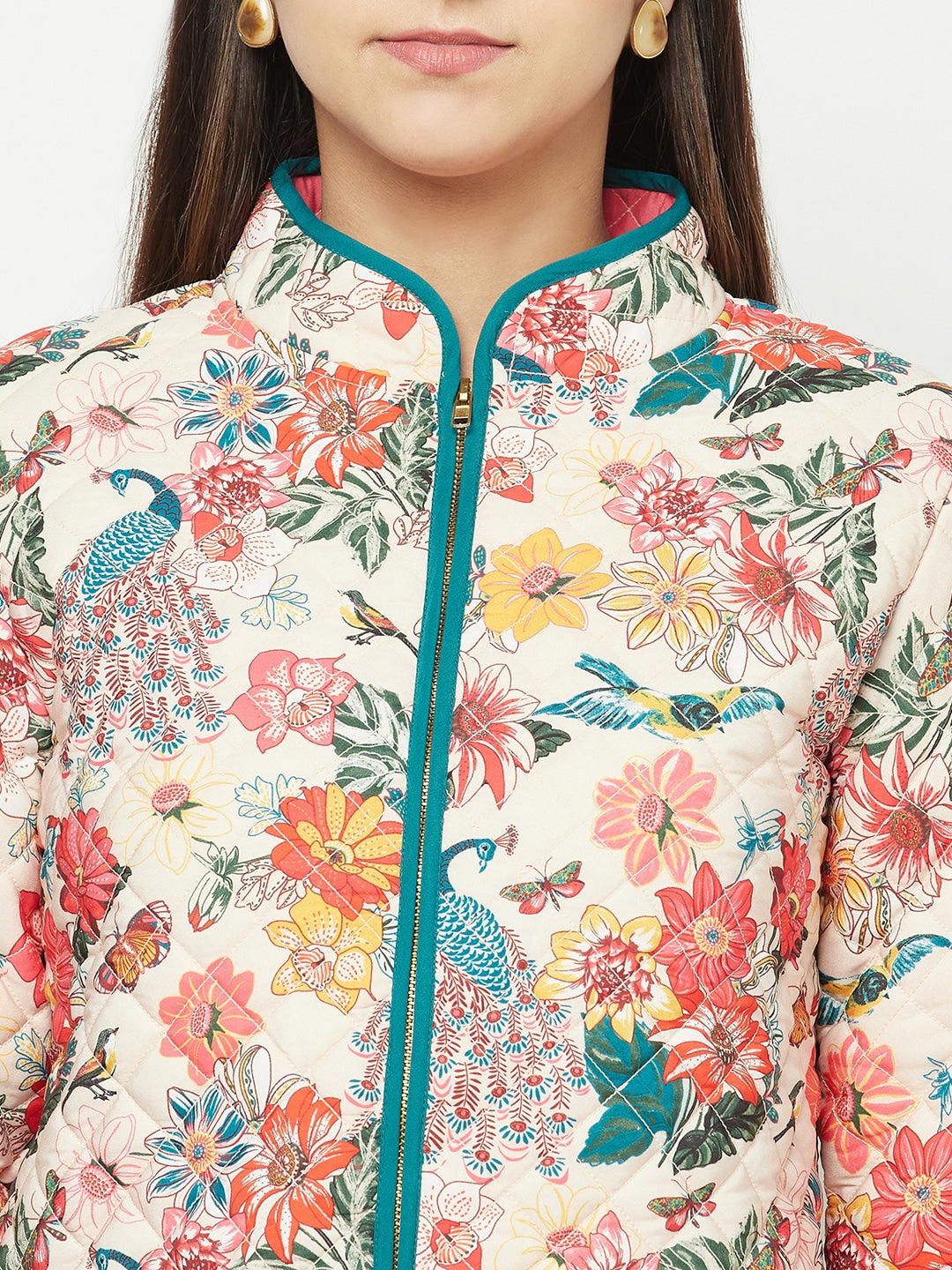 Blanc9 Peacock-Floral Quilted Jacket