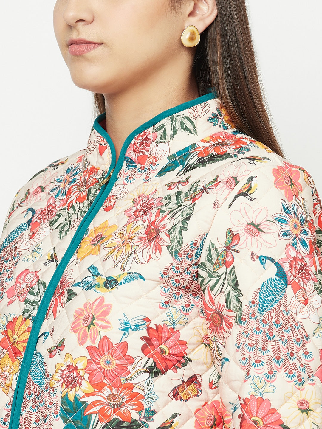 Blanc9 Peacock-Floral Quilted Jacket