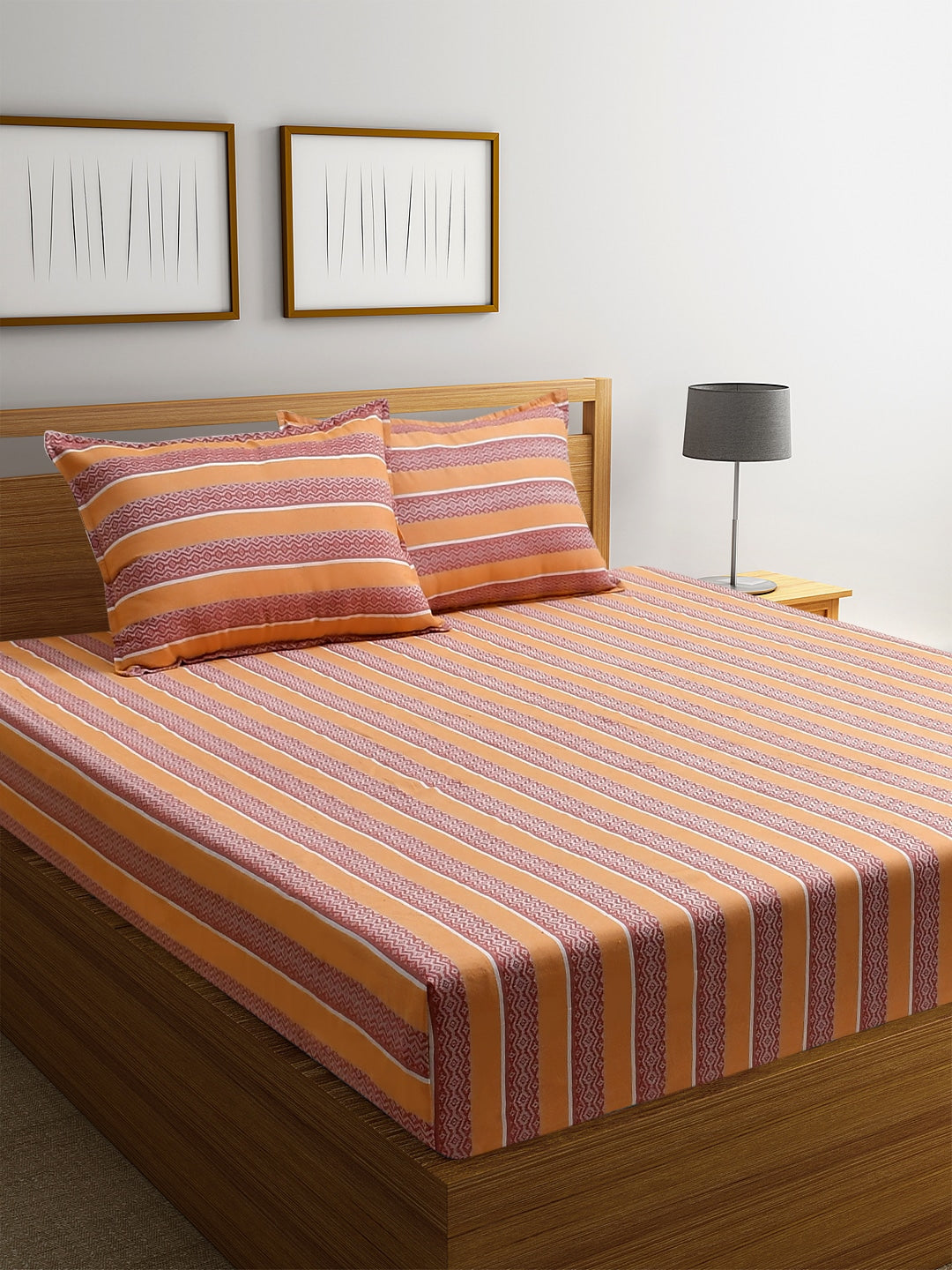 Blanc9 Sunrise Jacquard Orange Cotton Double Bedsheet with Pillows