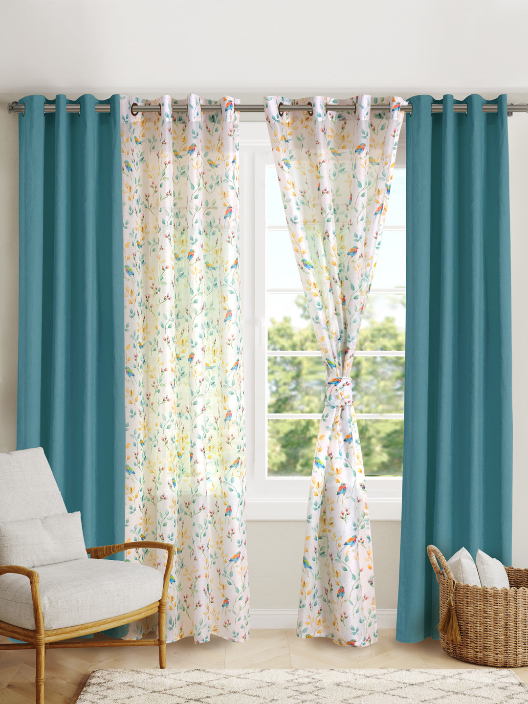 Blanc9 Set Of 4 Fauna Printed With Blue Plain 7Ft. Curtains