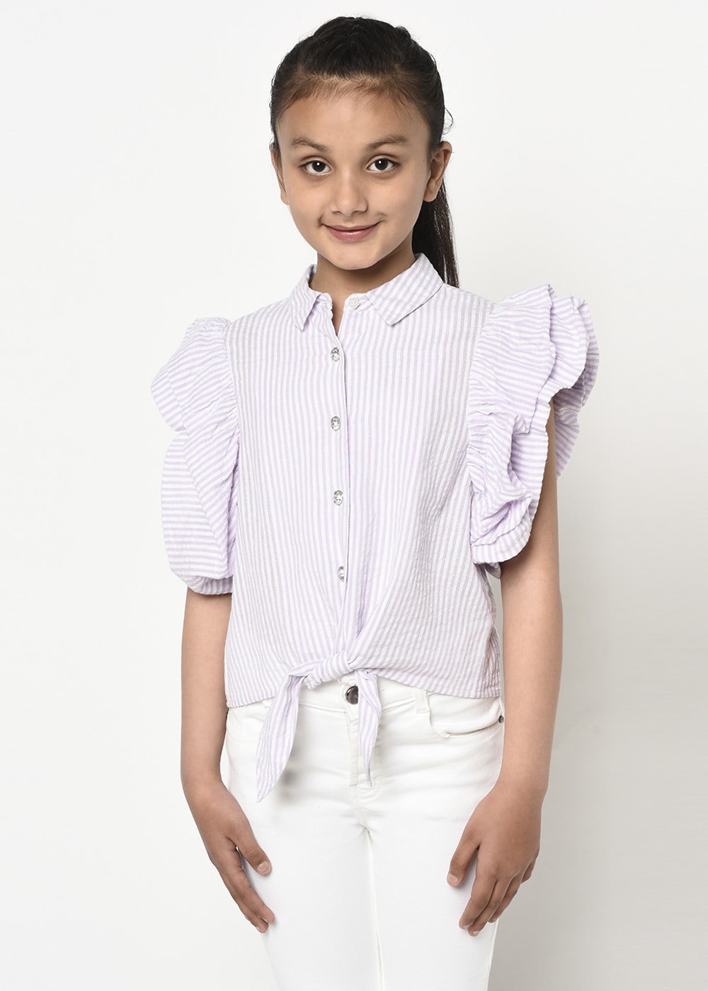 Blanc9 Jewelled Button Front Knot Stripes Shirt
