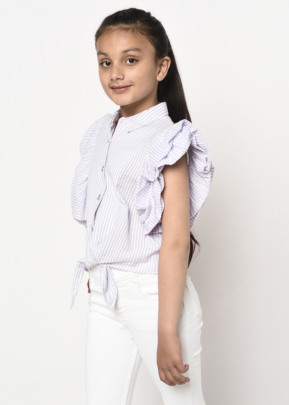 Blanc9 Jewelled Button Front Knot Stripes Shirt