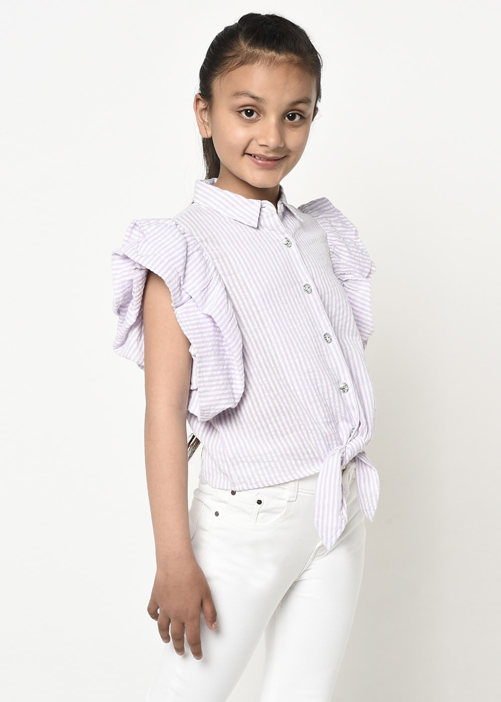 Blanc9 Jewelled Button Front Knot Stripes Shirt