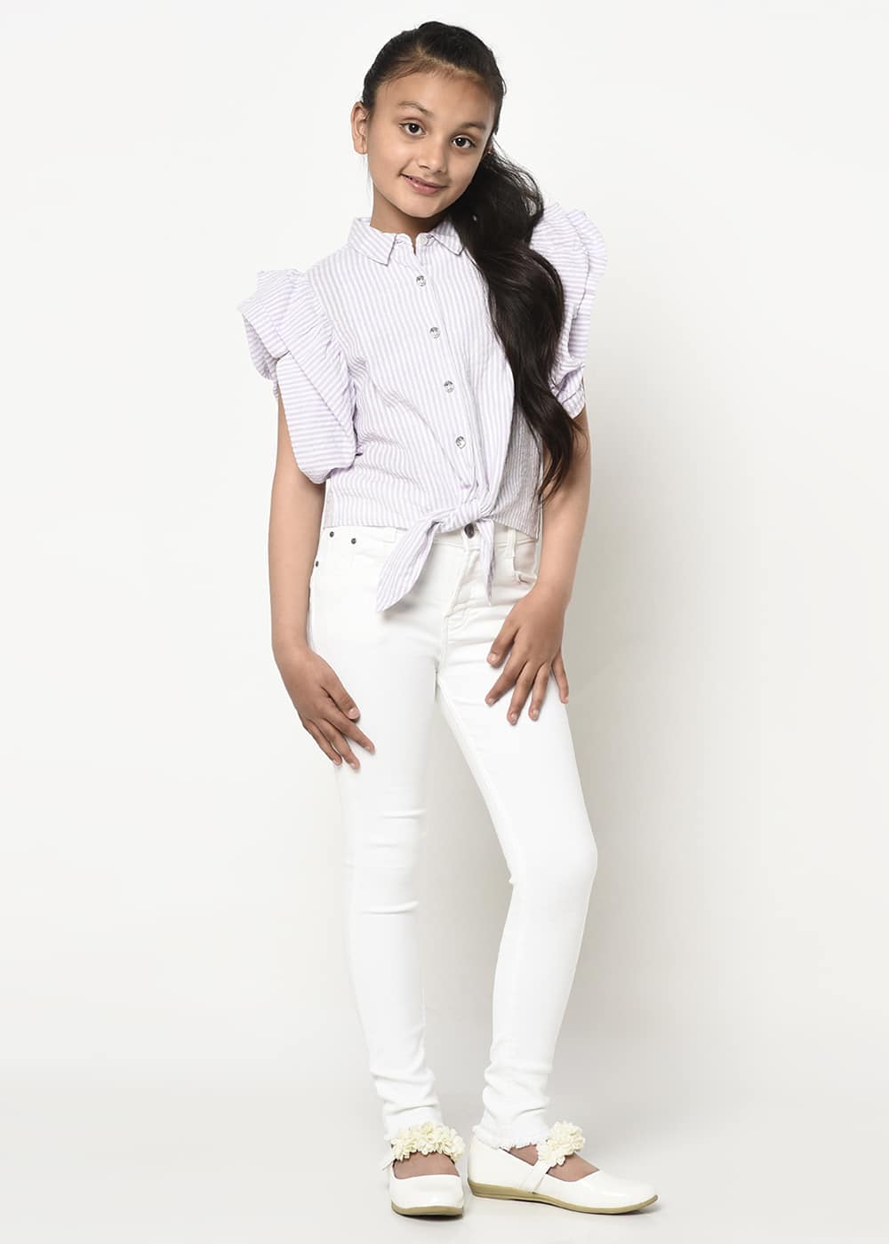 Blanc9 Jewelled Button Front Knot Stripes Shirt