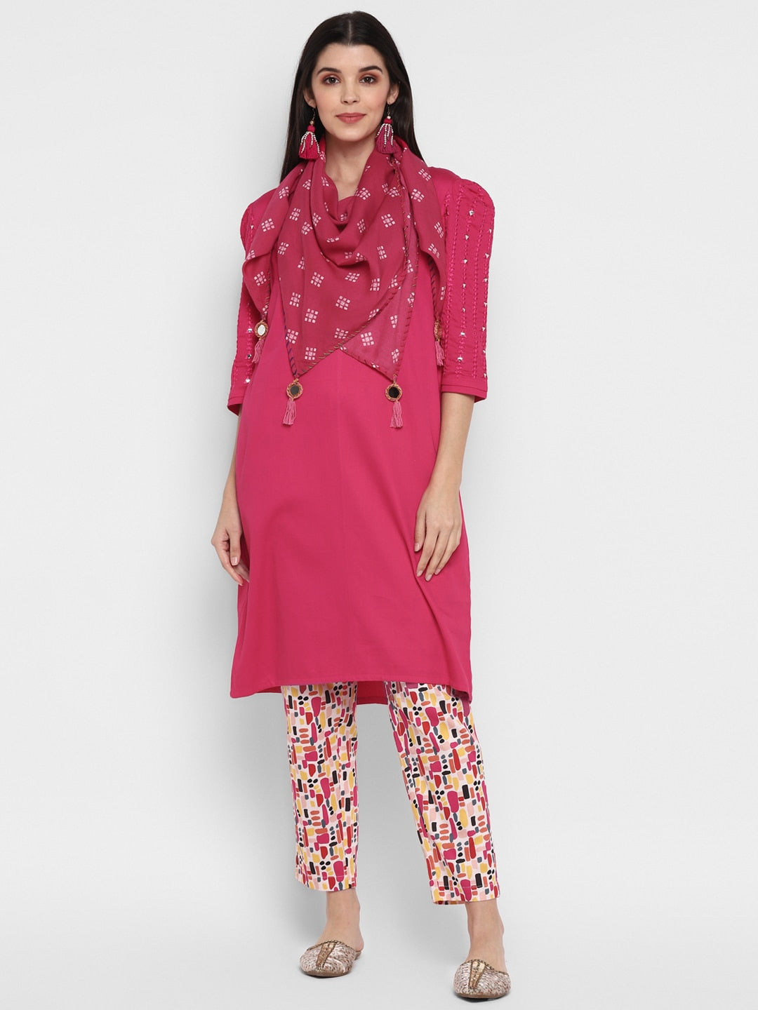 Blanc9 Mirror Work Dupatta with Printed Trousers & Kurta Set