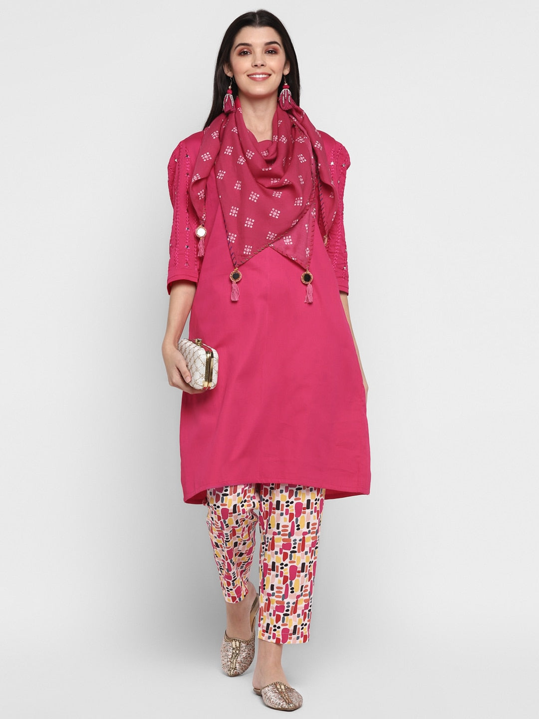 Blanc9 Mirror Work Dupatta with Printed Trousers & Kurta Set
