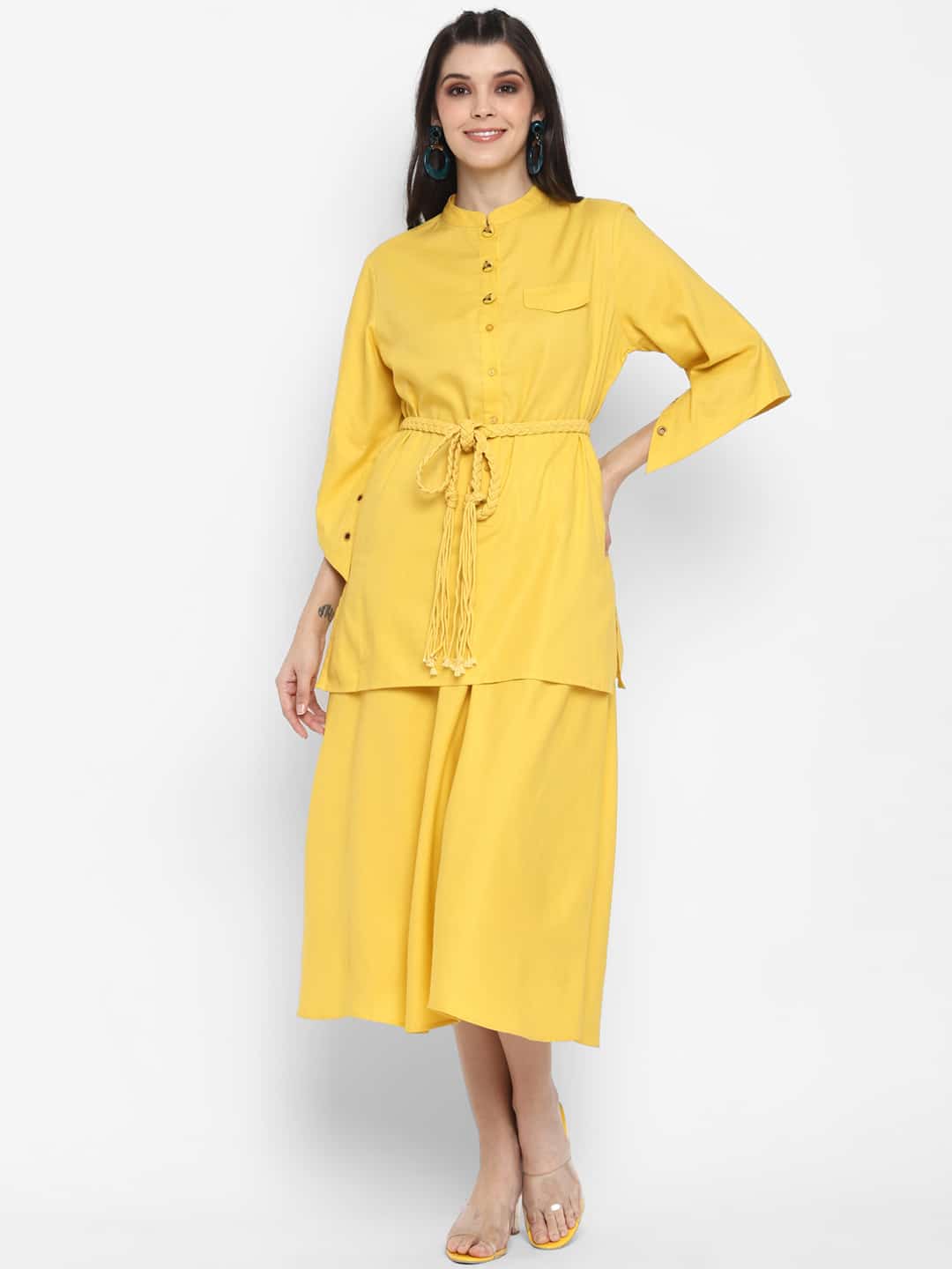 Blanc9 Yellow Fusion Kurta-Skirt Set with Belt