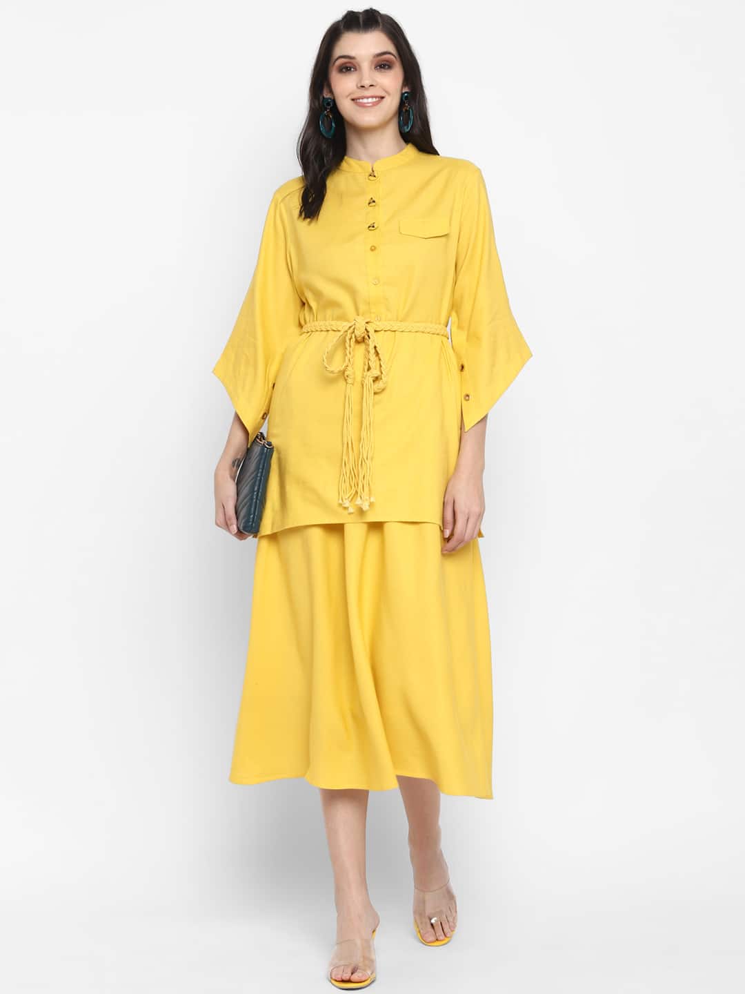 Blanc9 Yellow Fusion Kurta-Skirt Set with Belt