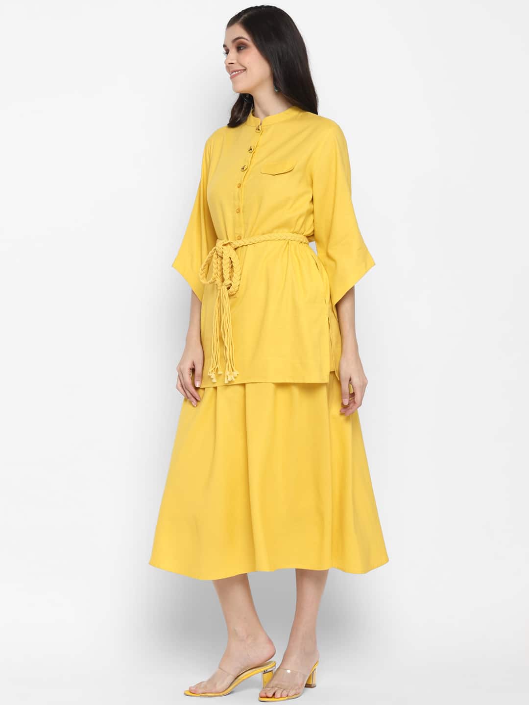 Blanc9 Yellow Fusion Kurta-Skirt Set with Belt