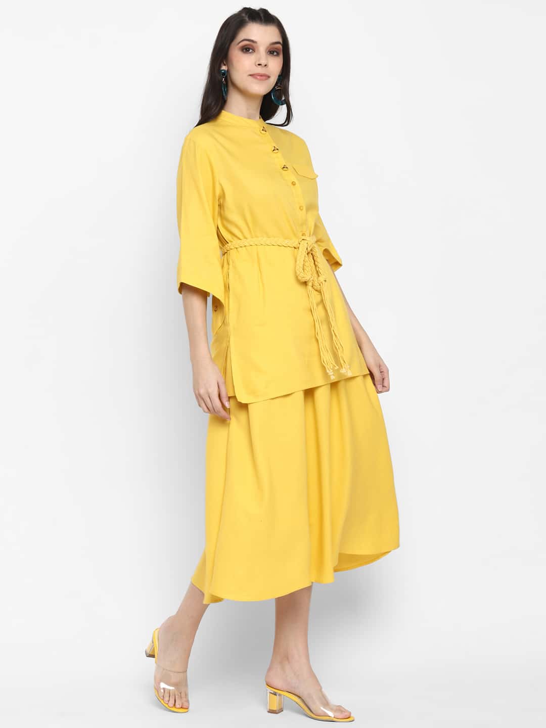 Blanc9 Yellow Fusion Kurta-Skirt Set with Belt
