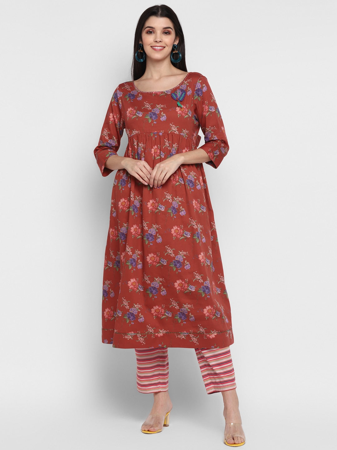 Blanc9 Floral Kurta with Striper Pants Fusion Set