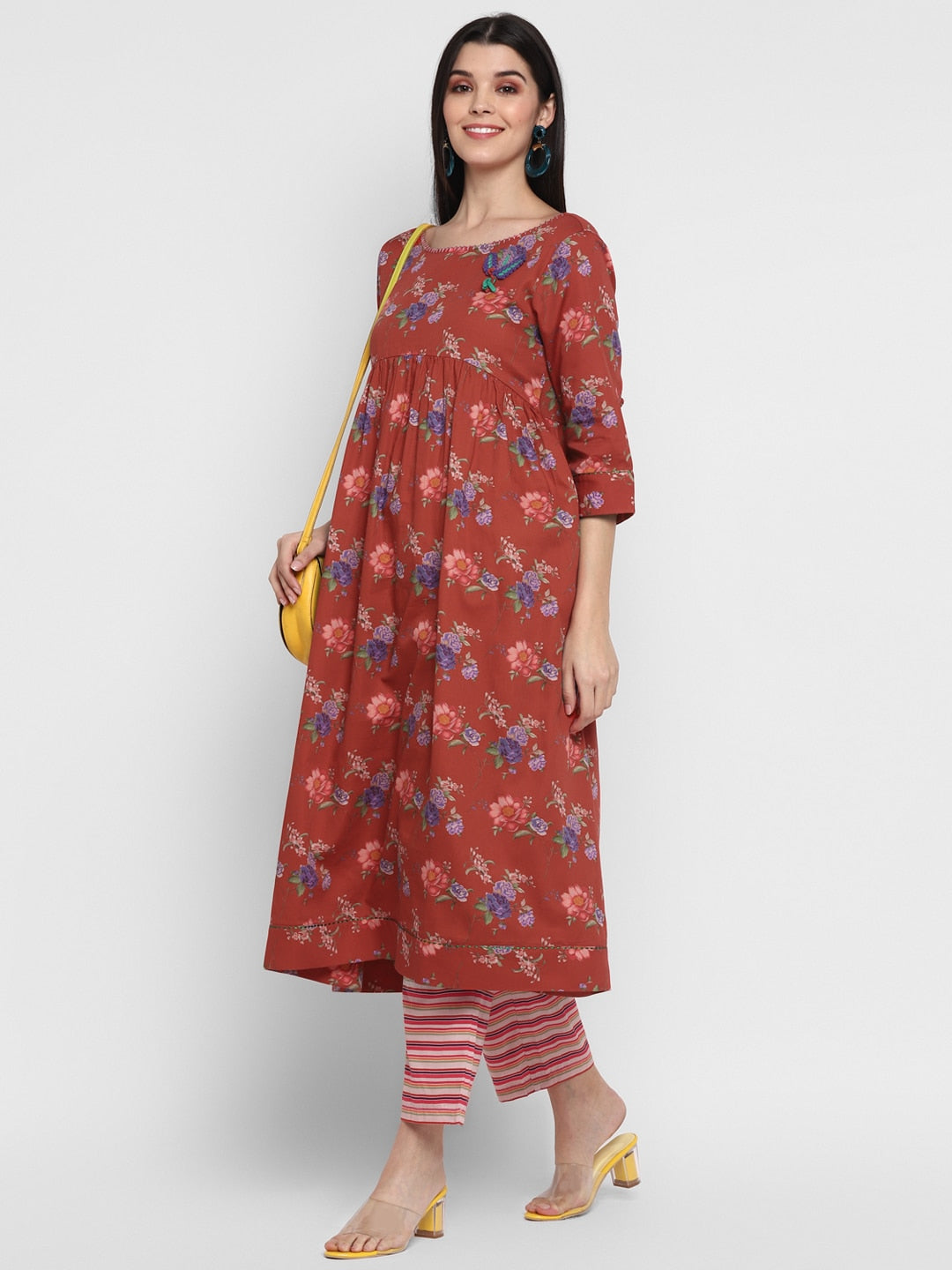 Blanc9 Floral Kurta with Striper Pants Fusion Set