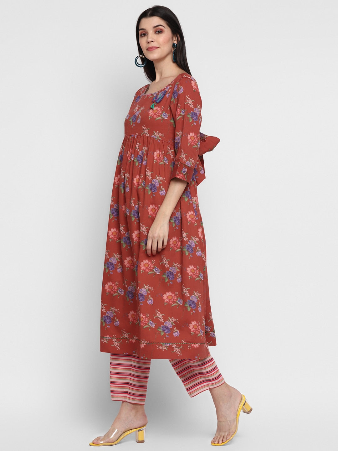 Blanc9 Floral Kurta with Striper Pants Fusion Set