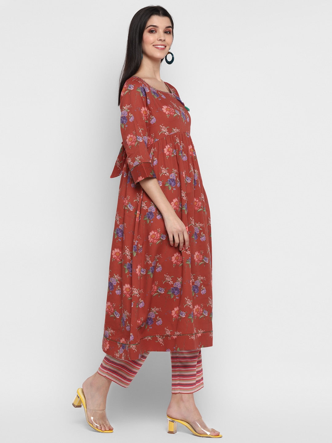 Blanc9 Floral Kurta with Striper Pants Fusion Set