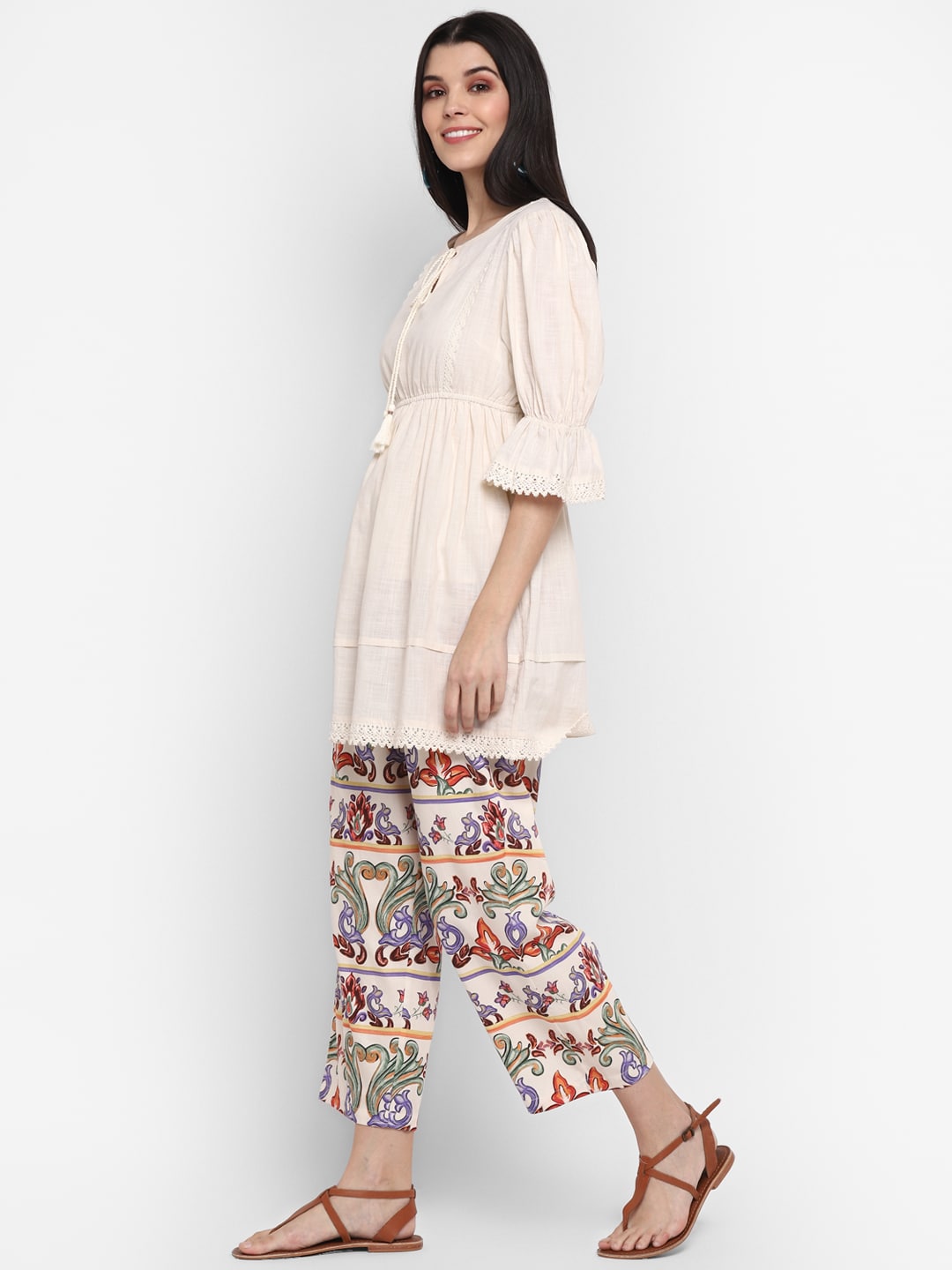Blanc9 Short Kurta with Printed Trouser Fusion Set