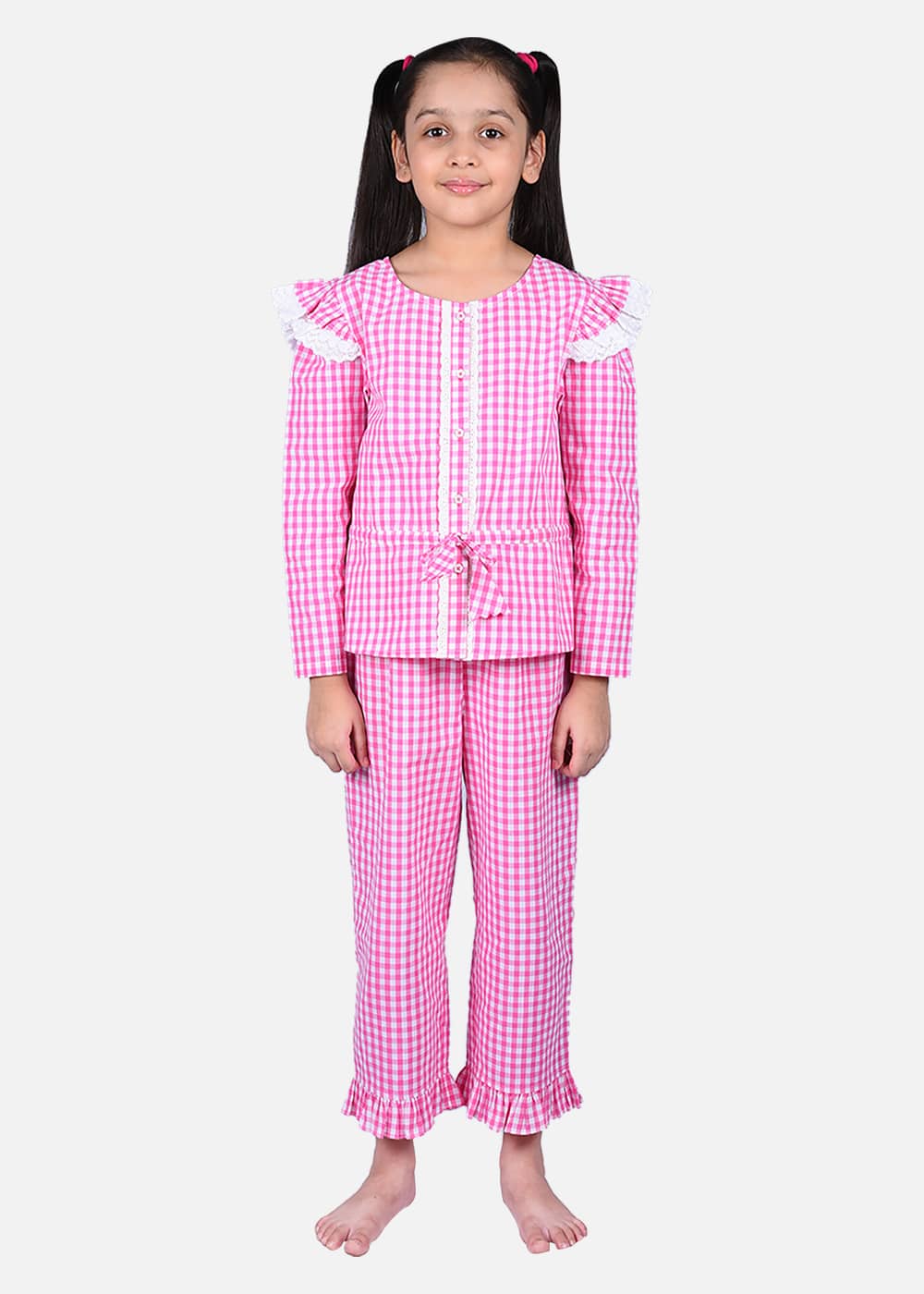 Blanc9 Pink Shoulder Frill Checkered Nightwear