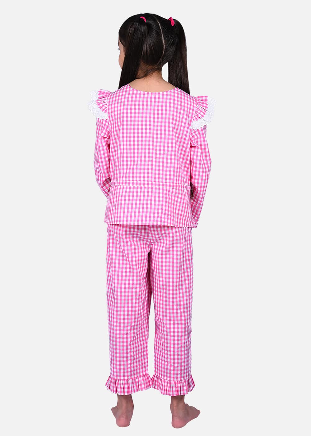 Blanc9 Pink Shoulder Frill Checkered Nightwear