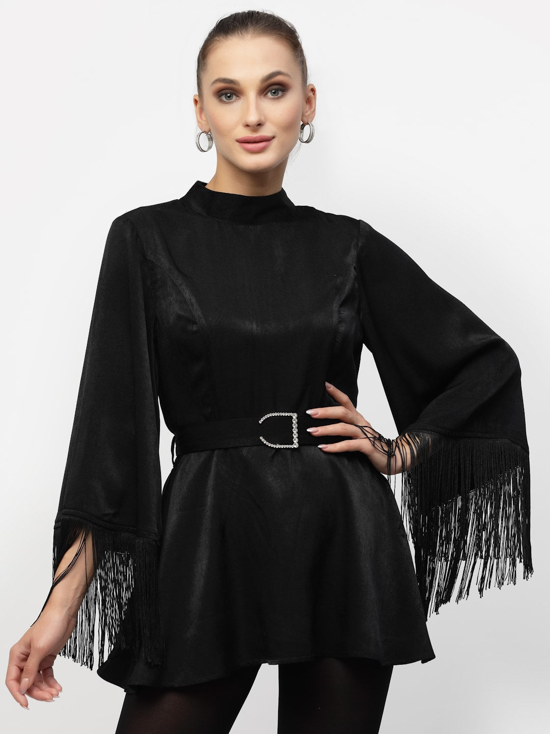 Blanc9 Black Fringed Lace Velvet Tunic