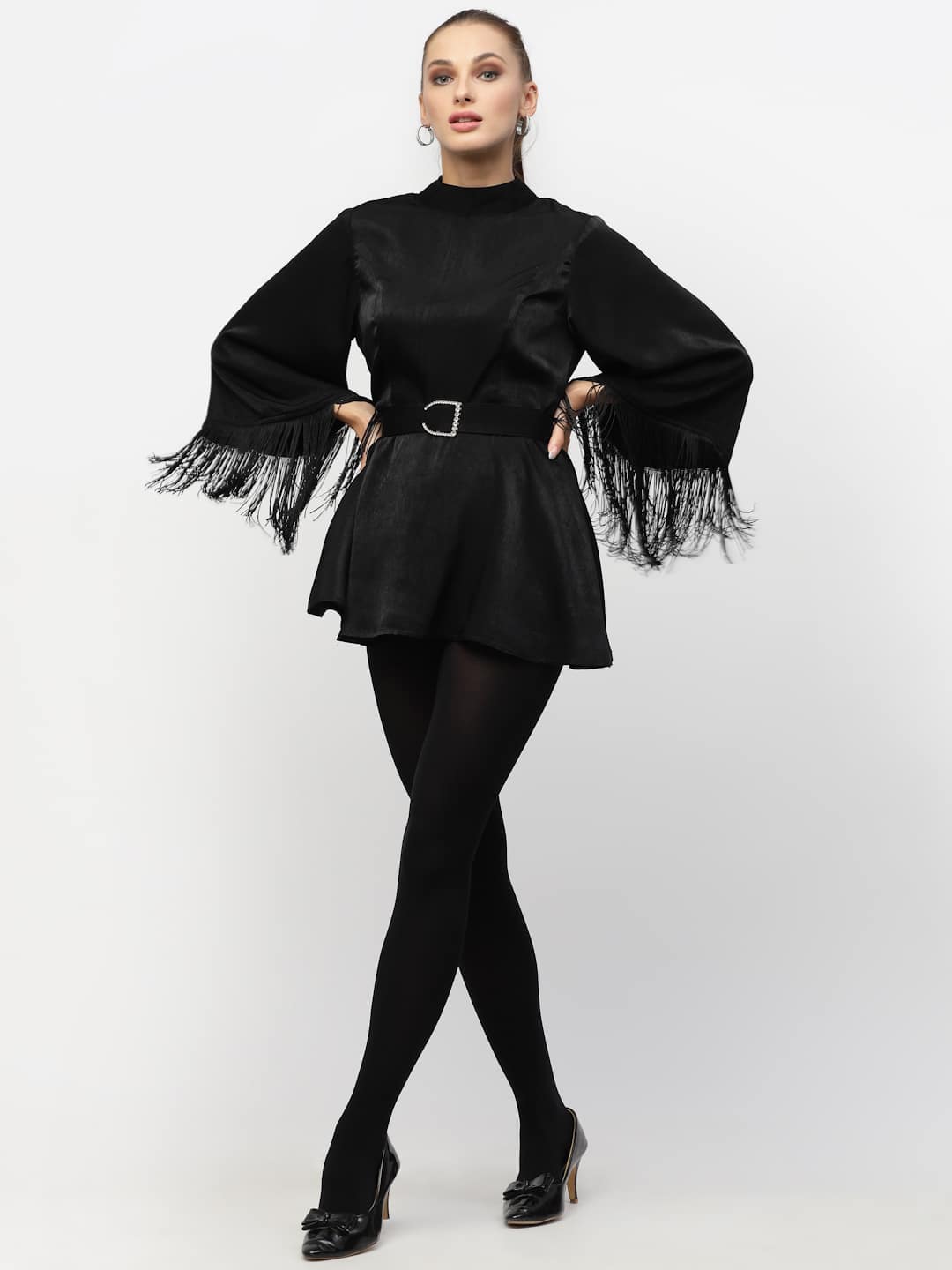 Blanc9 Black Fringed Lace Velvet Tunic