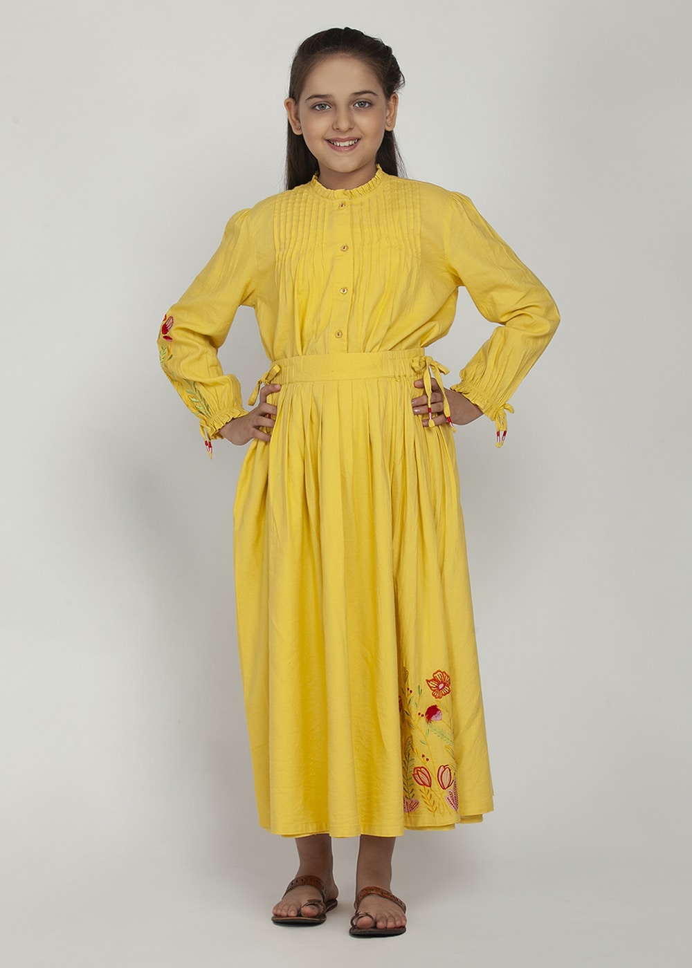 Yellow Embroidered Suit with Floral Dupatta main image 1
