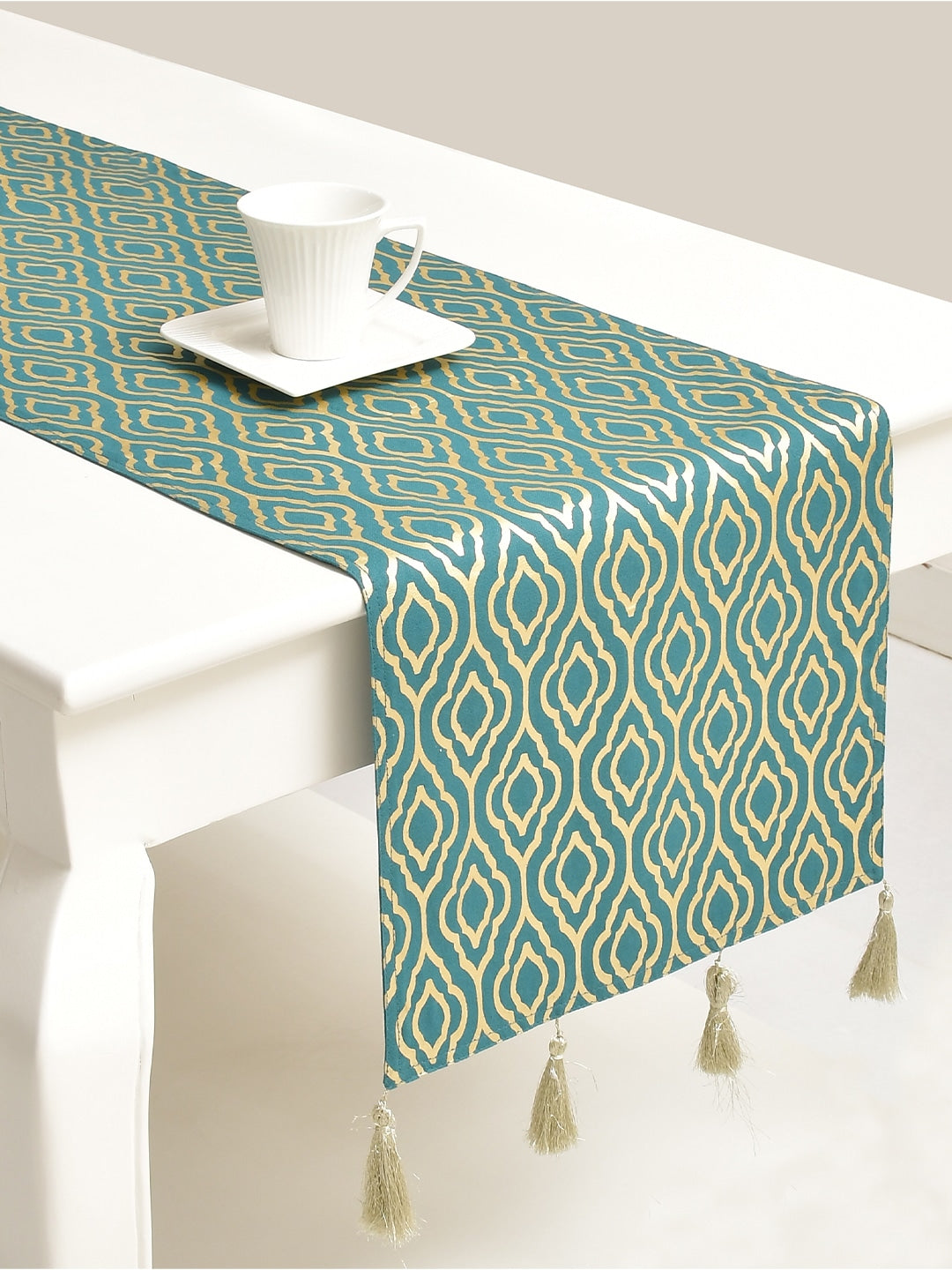 Blanc9 Roshan Teal Colored 100% Cotton Printed 4/6 Seater Table Runner