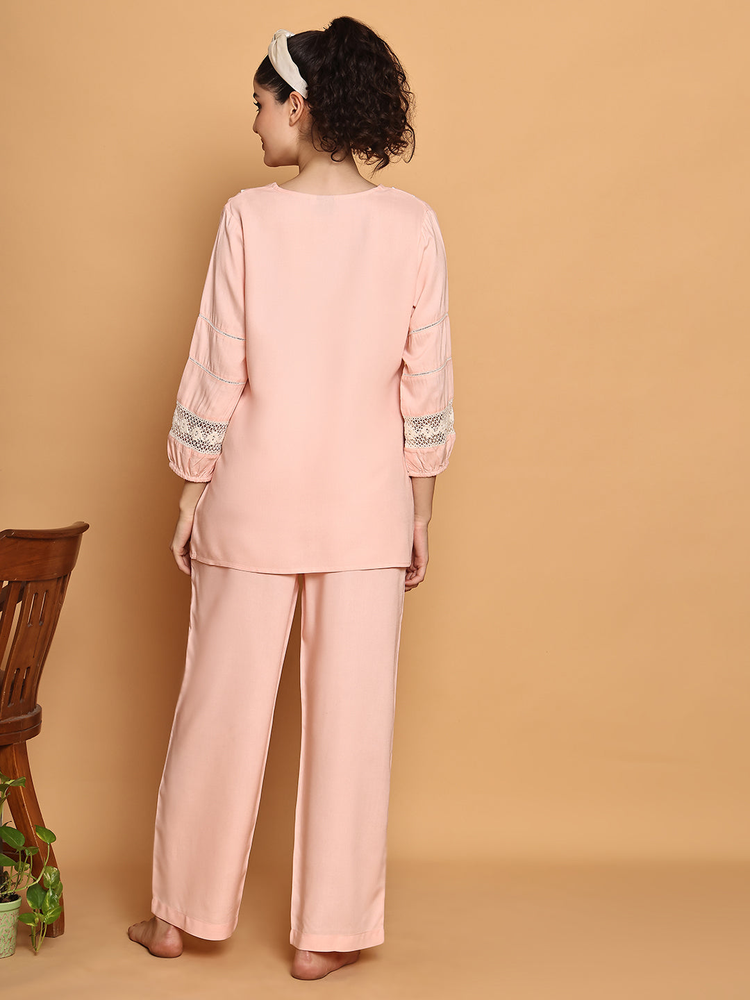 Peach Nightwear With Lace Inserts in Sleeves
