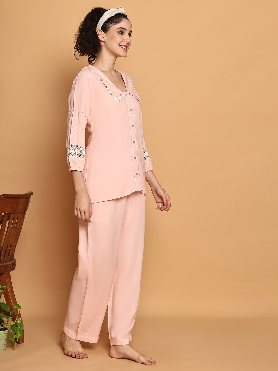 Peach Nightwear With Lace Inserts in Sleeves