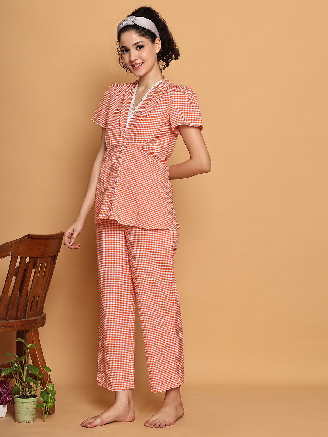 Orange checkered peplum top nightwear