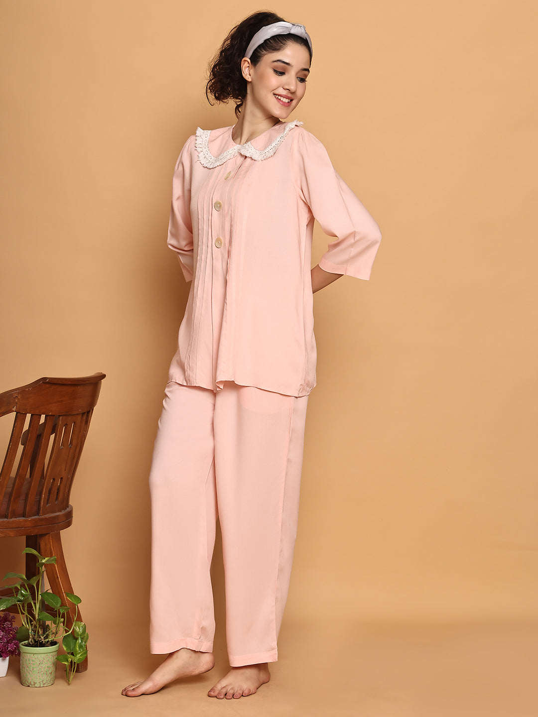 Baby Pink Fringe Lace Collar Nightwear